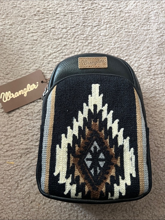 Wrangler Handbags - Wrangler Black Aztec Mini Crossbody with Cream and Brown Accents